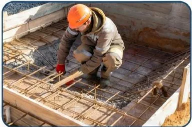 Worker fixing reinforcement for a foundation