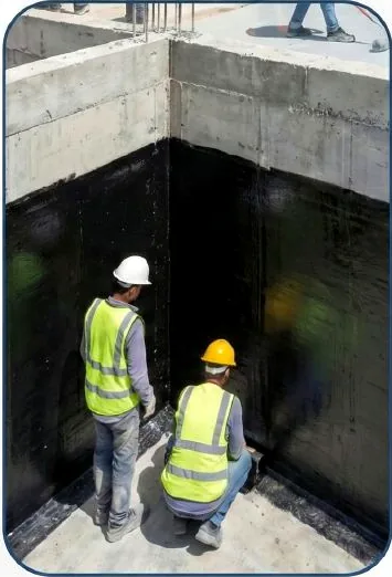 Workers applying waterproofing to concrete walls