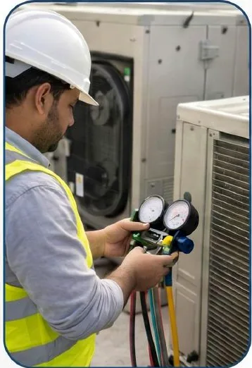 Technician checking HVAC operating pressure