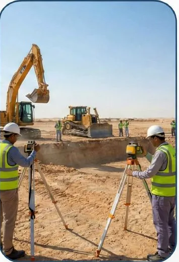 Site engineers using survey instruments in an excavation