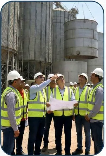 Field engineers reviewing steel works beside industrial silos