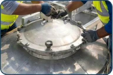 Hands-on maintenance at a stainless steel vessel