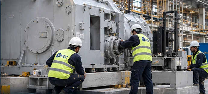 Technicians carrying out mechanical installation and equipment positioning