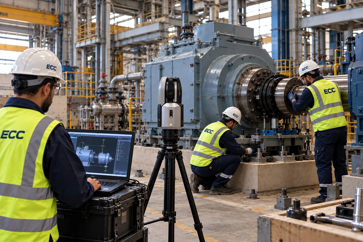 Technicians positioning and aligning rotating machinery with a Laser Tracker and measurement laptop